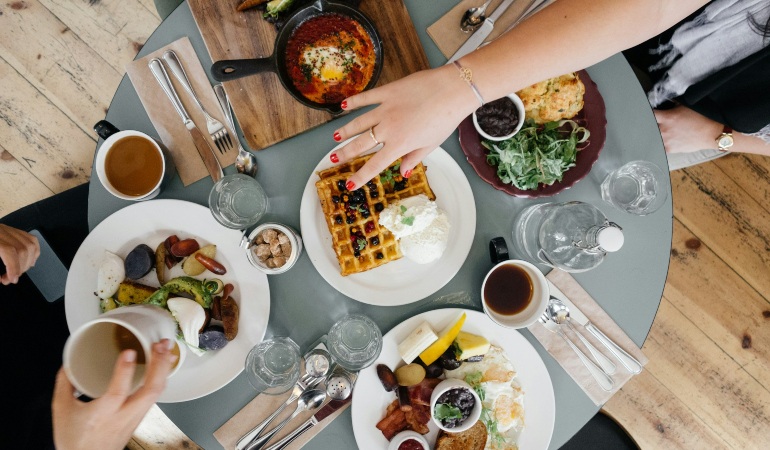 Variety of foods on top of a grey table