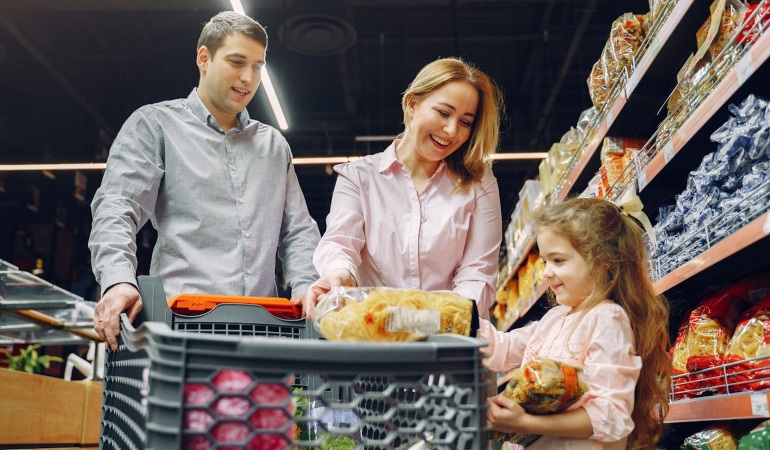 Family doing grocery shopping